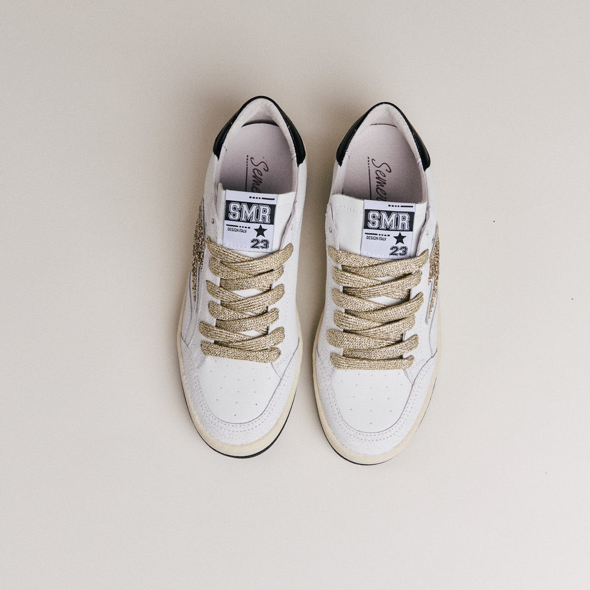 SMR Dany D586 baskets cuir blanc or glitter