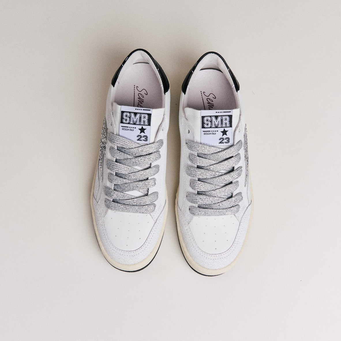 SMR Dany D585 baskets cuir blanc argent glitter