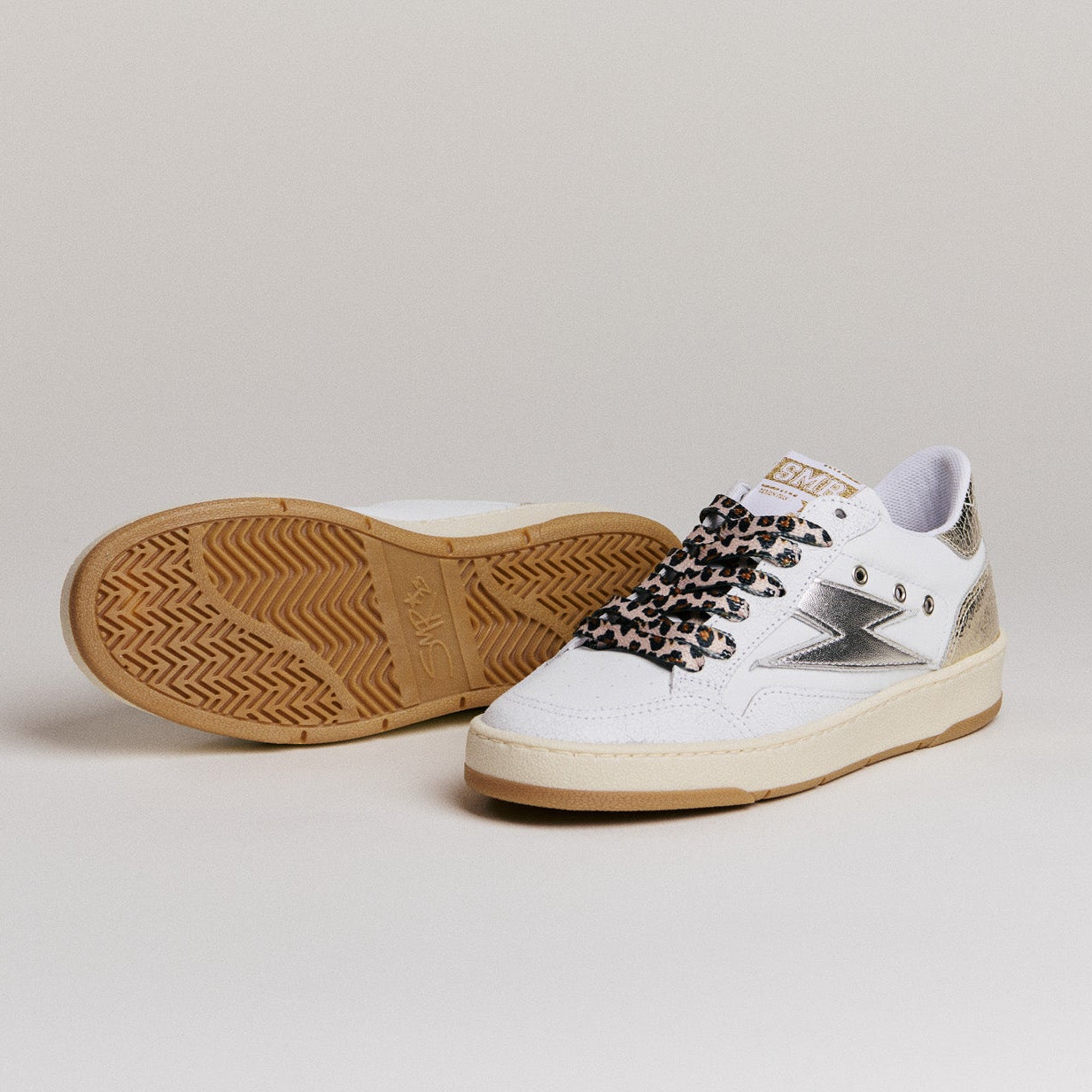 SMR Dany D348 baskets cuir blanc et or léopard