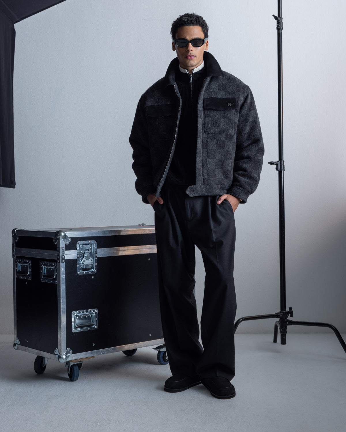 Filling Pieces Box Jacket Wool Check veste laine noire à carreaux