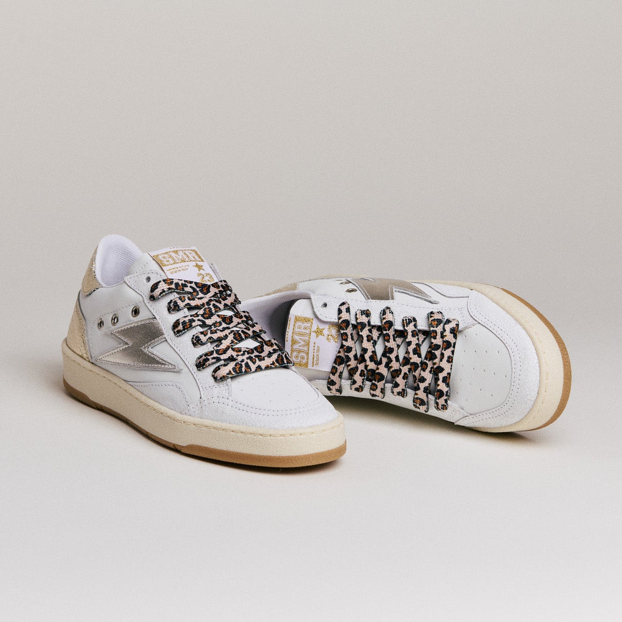SMR Dany D348 baskets cuir blanc et or léopard