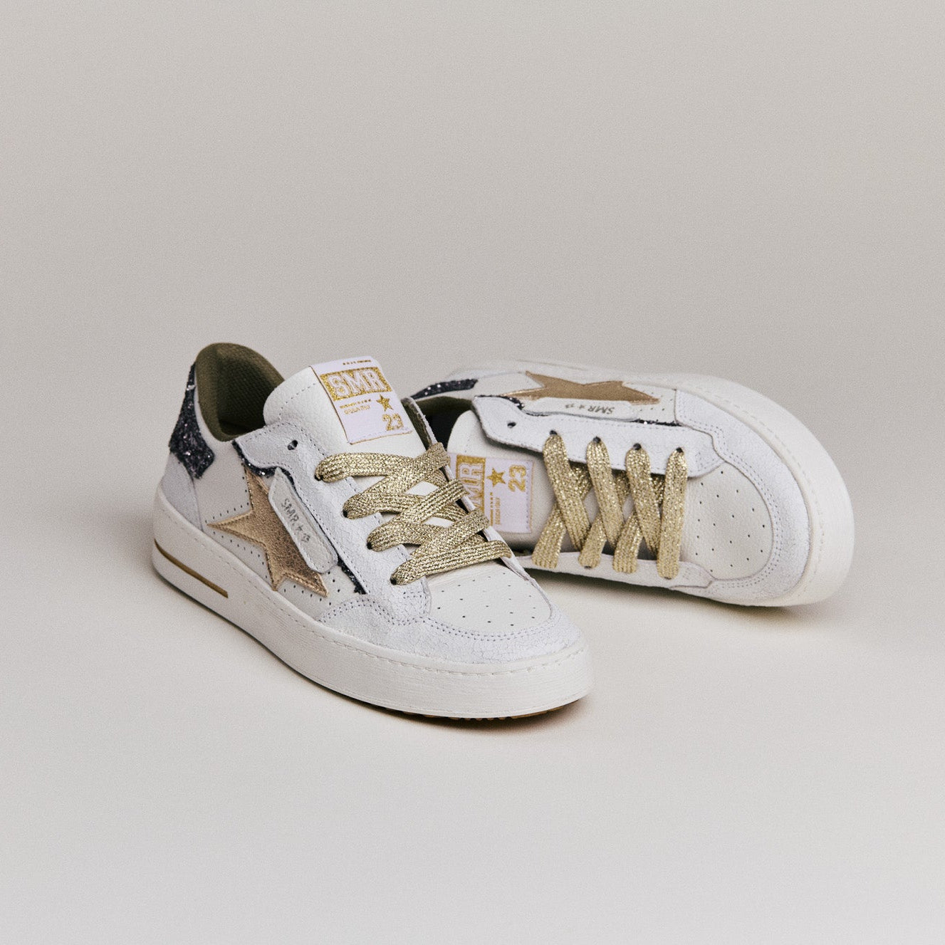 SMR Ale C823 baskets cuir blanc glitter doré