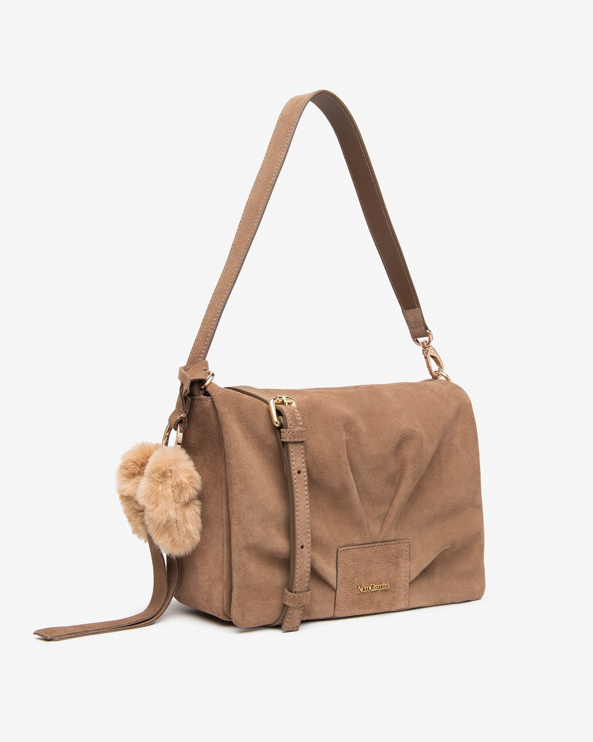 NeroGiardini Sac Épaule Femme Daim Doré Fermeture Zippée
