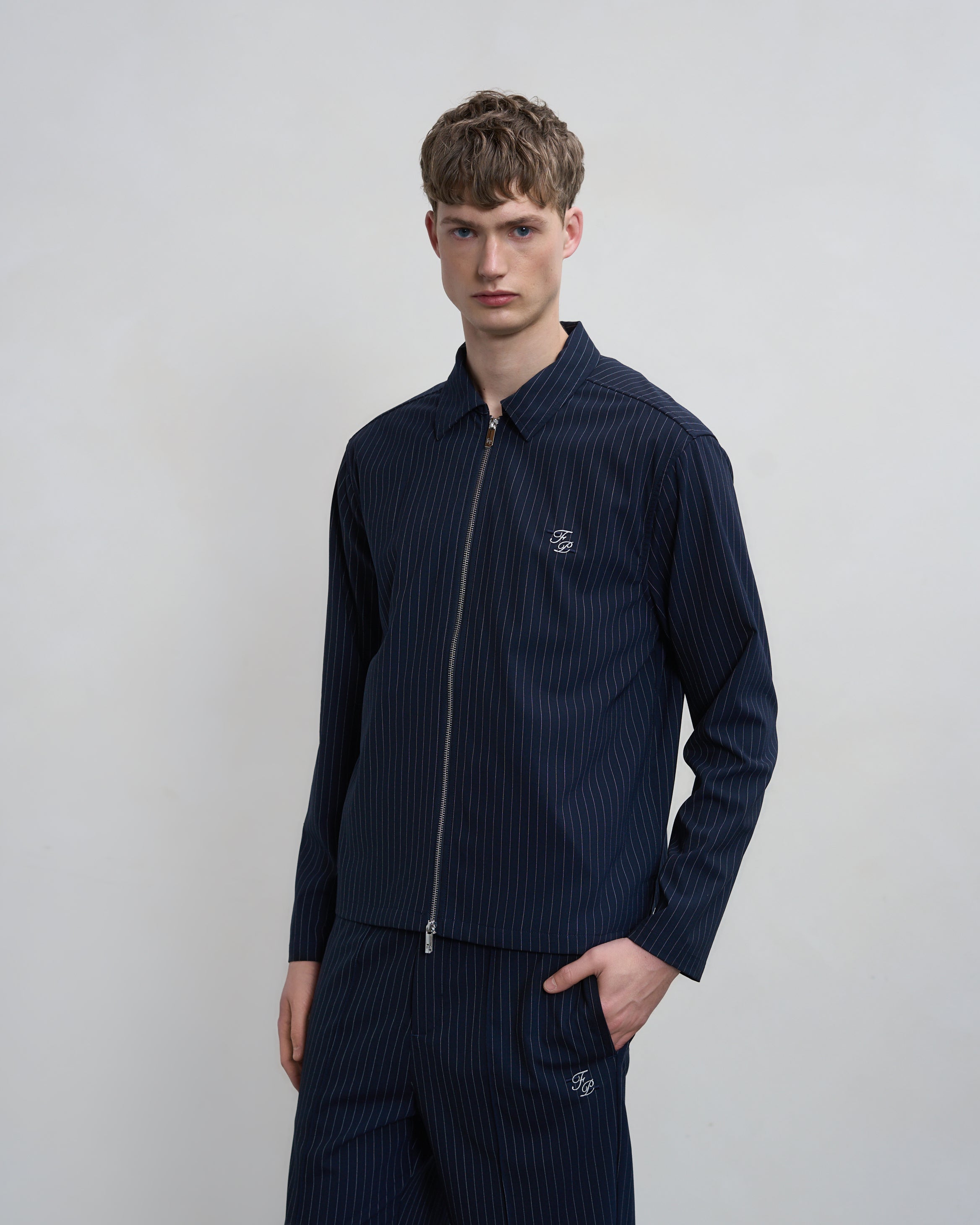 Filling Pieces Coach Jacket Pinstripe Veste Bleu Marine Laine
