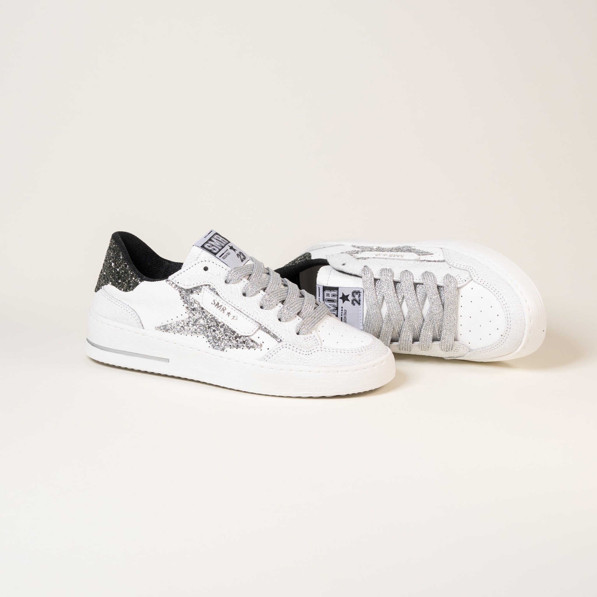 SMR Ale E478 baskets cuir blanc glitter anthracite argent