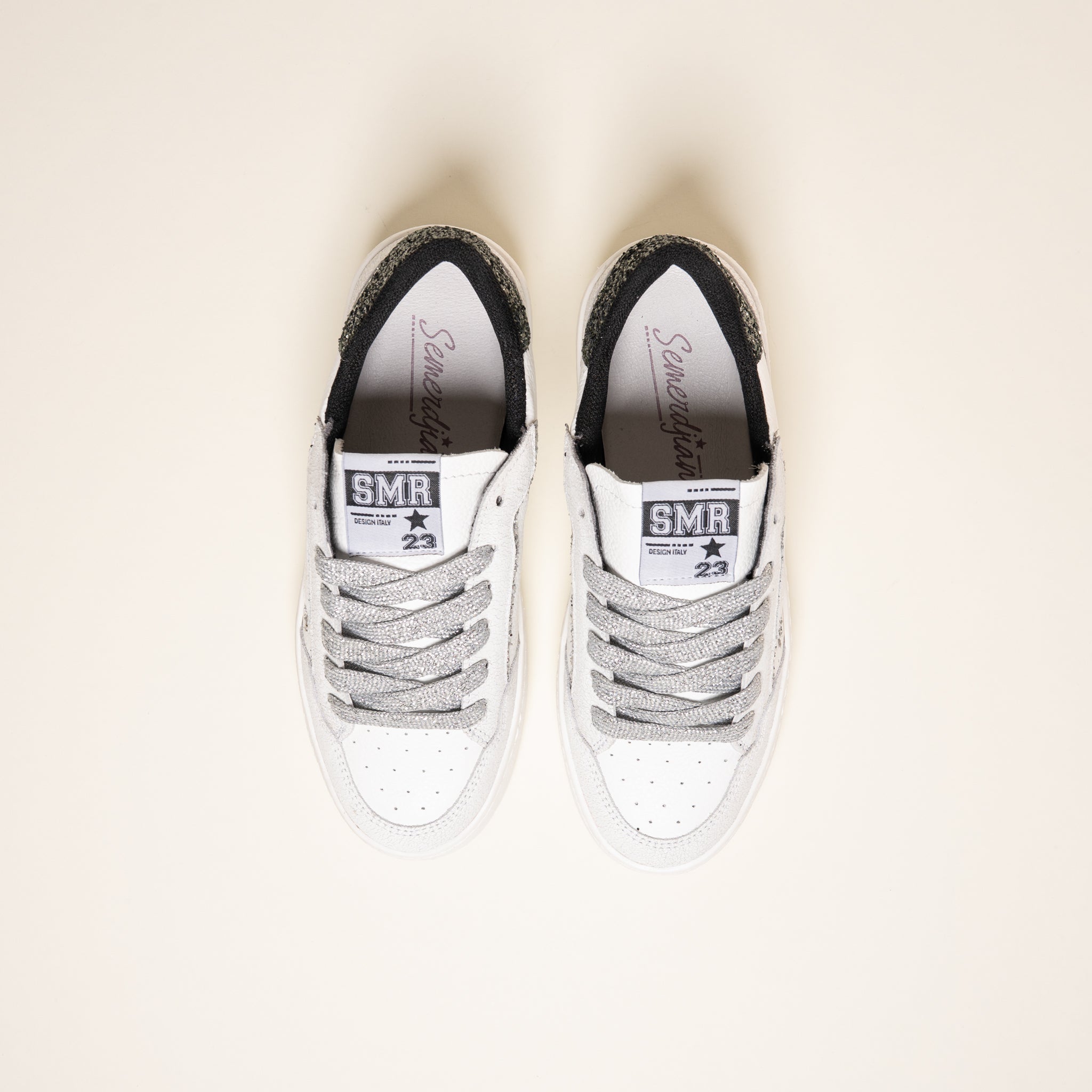 SMR Ale E478 baskets cuir blanc glitter anthracite argent