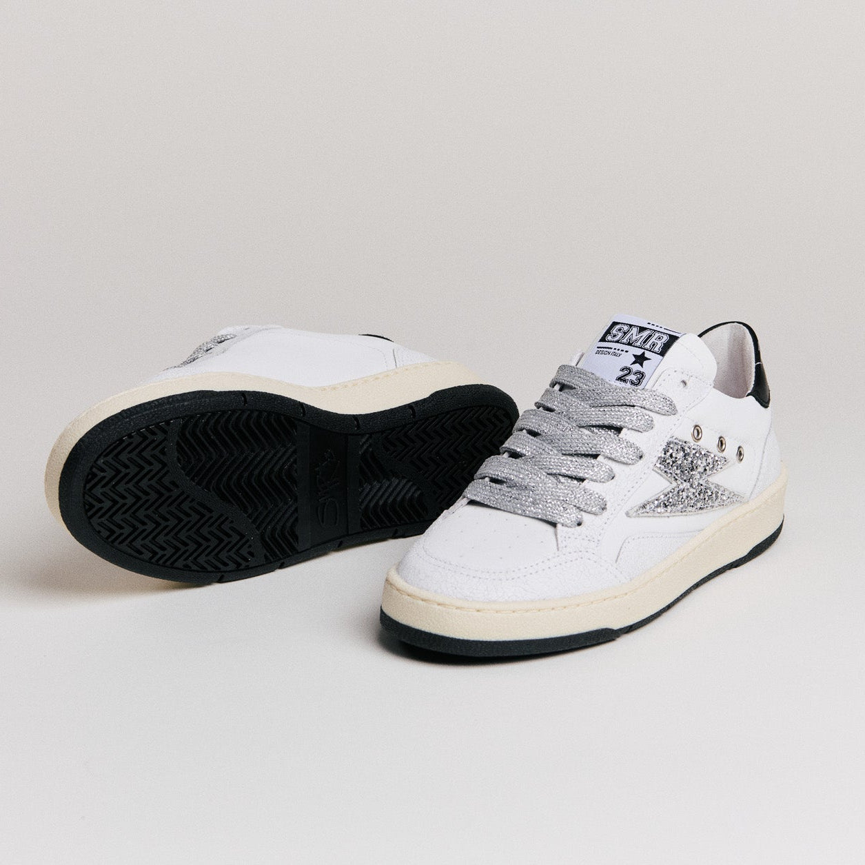 SMR Dany D585 baskets cuir blanc argent glitter