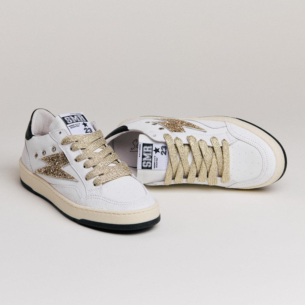 SMR Dany D586 baskets cuir blanc or glitter