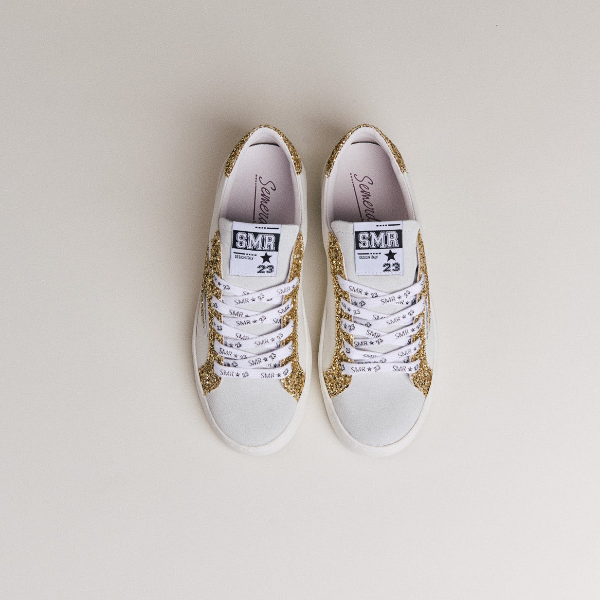 SMR Maya D600 baskets cuir blanc or semelle épaisse