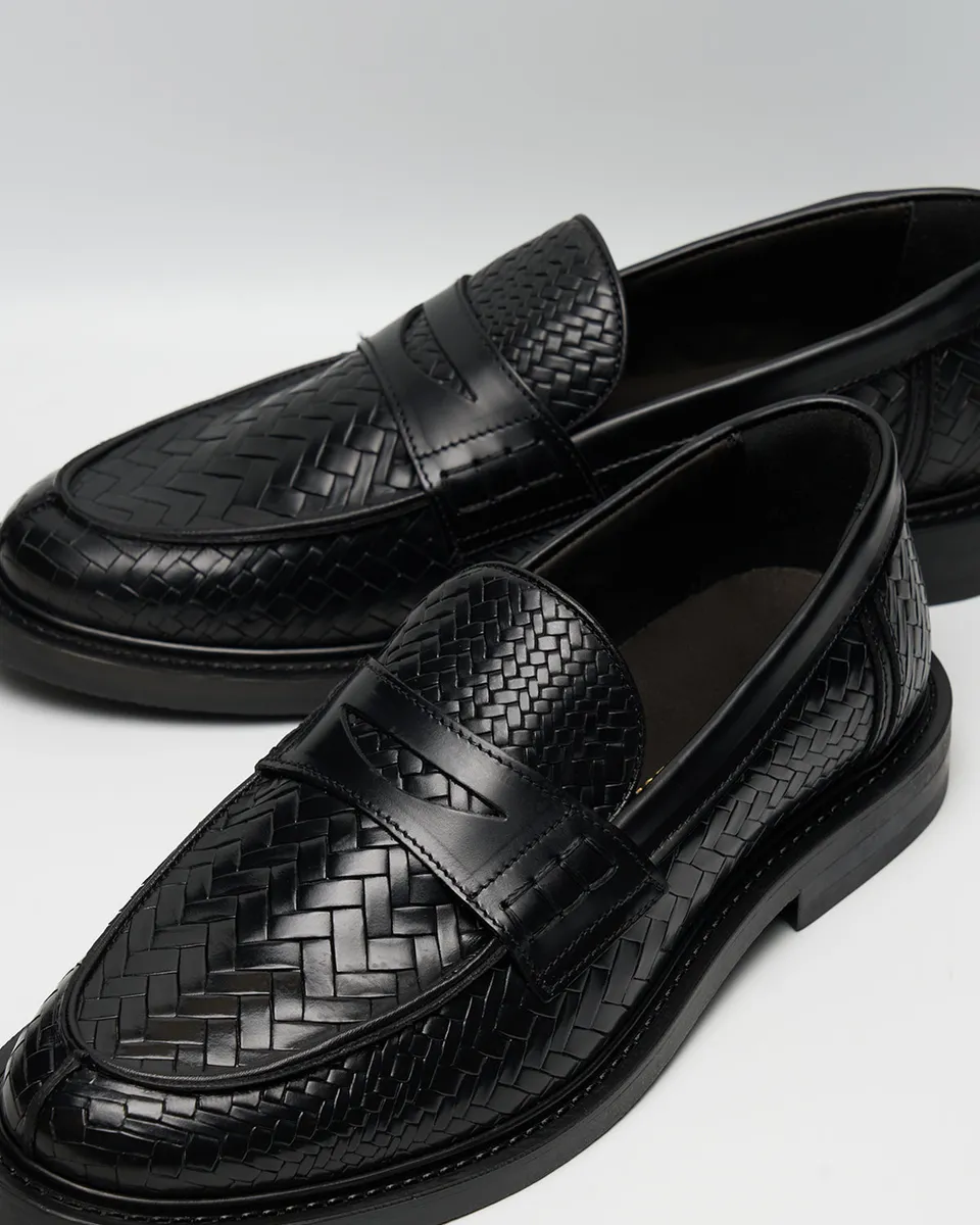 Filling Pieces Woven Twist mocassin cuir noir tressé
