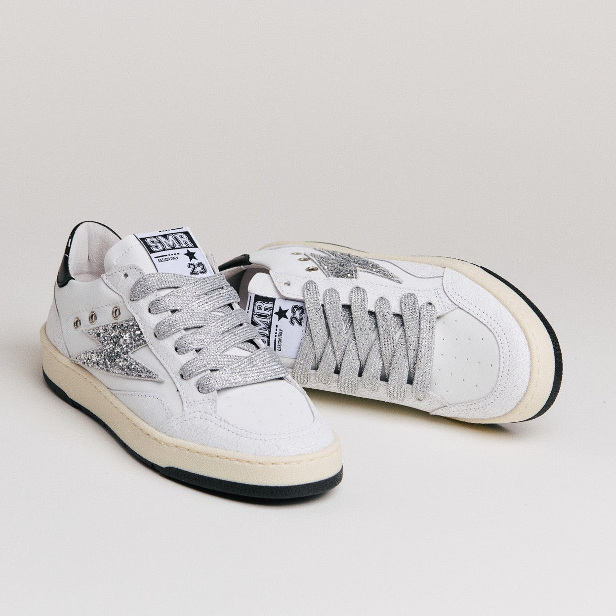 SMR Dany D585 baskets cuir blanc argent glitter