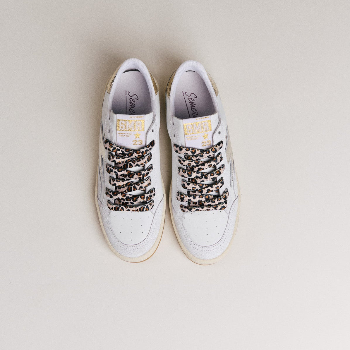 SMR Dany D348 baskets cuir blanc et or léopard