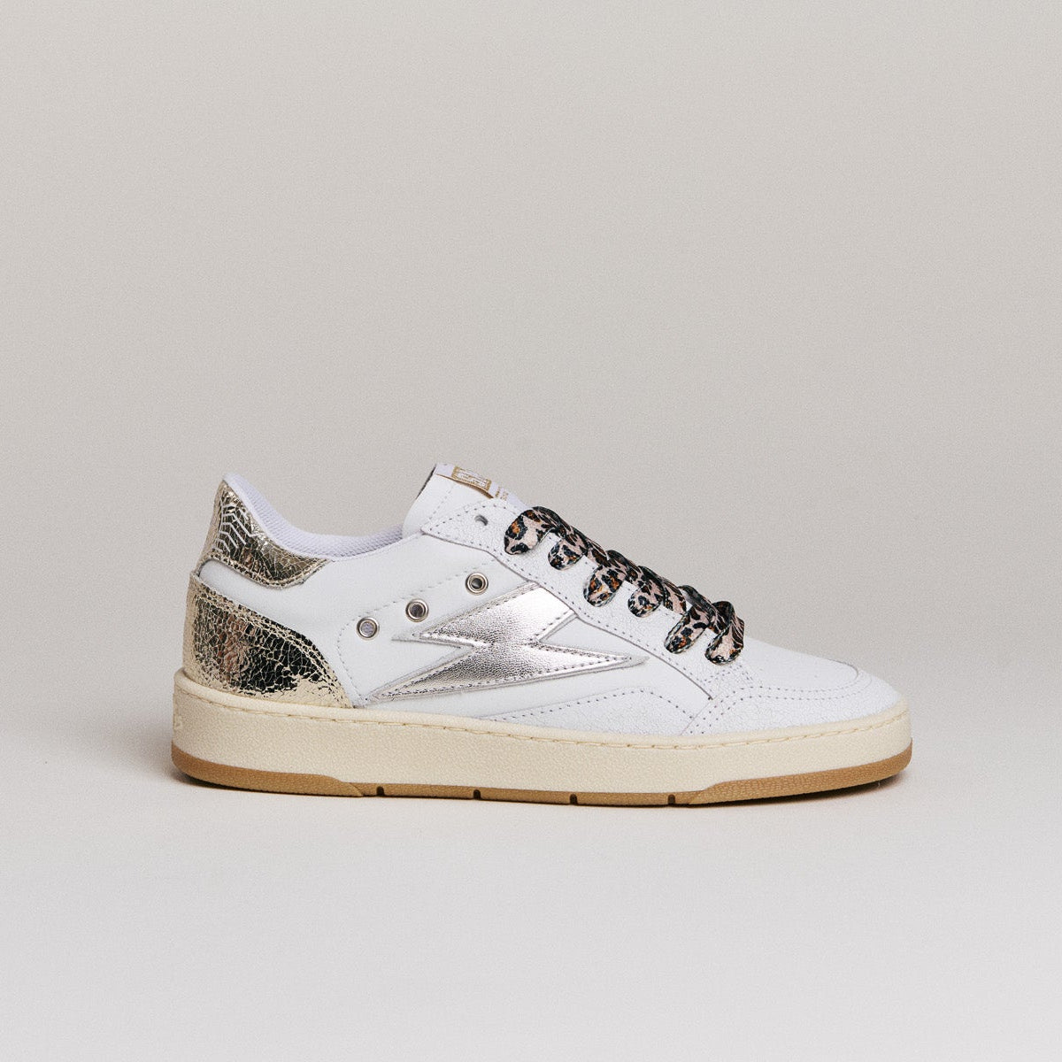 SMR Dany D348 baskets cuir blanc et or léopard