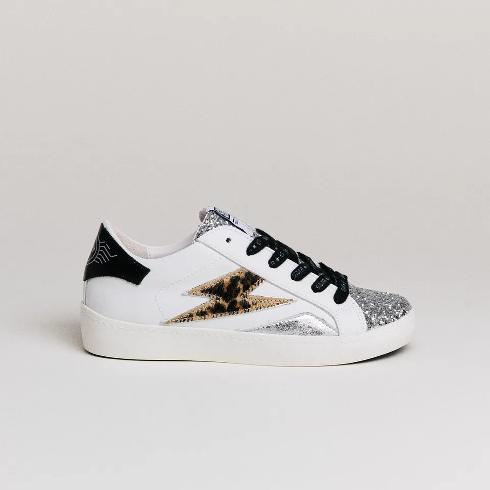 SMR Larry D587 basket cuir blanc léopard argent