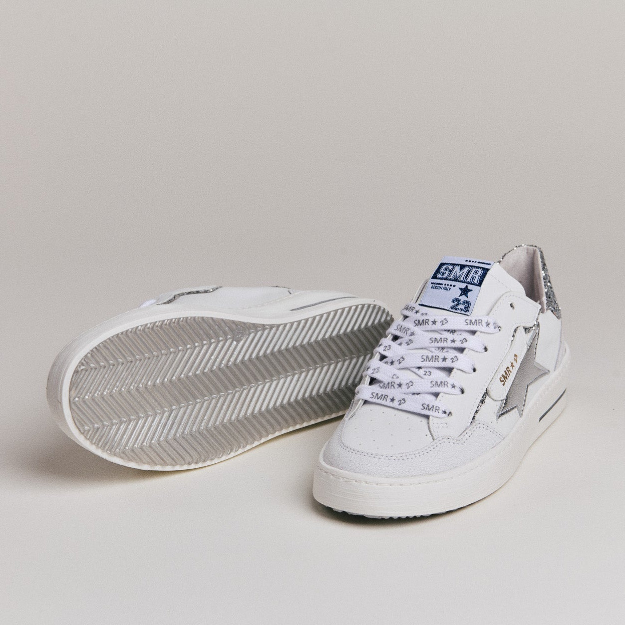 SMR Ale D611 basket cuir blanc effet crack argent