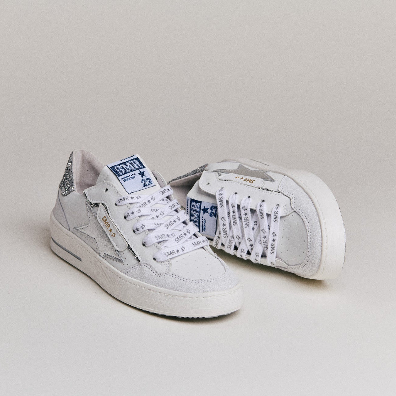SMR Ale D611 basket cuir blanc effet crack argent